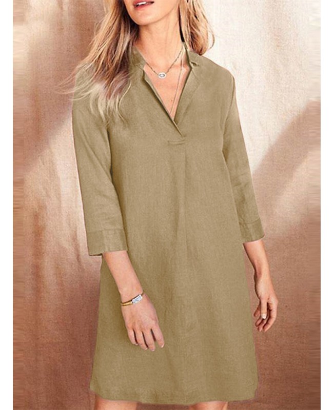 Solid Lapel 3/4 Sleeve Dress For Women - Black S