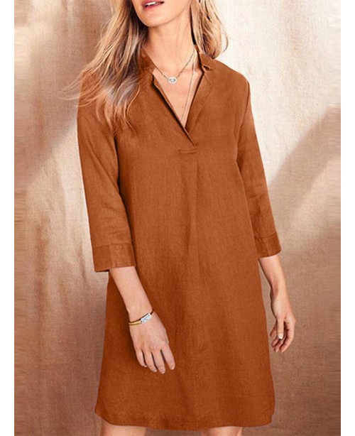 Solid Lapel 3/4 Sleeve Dress For Women - Black S