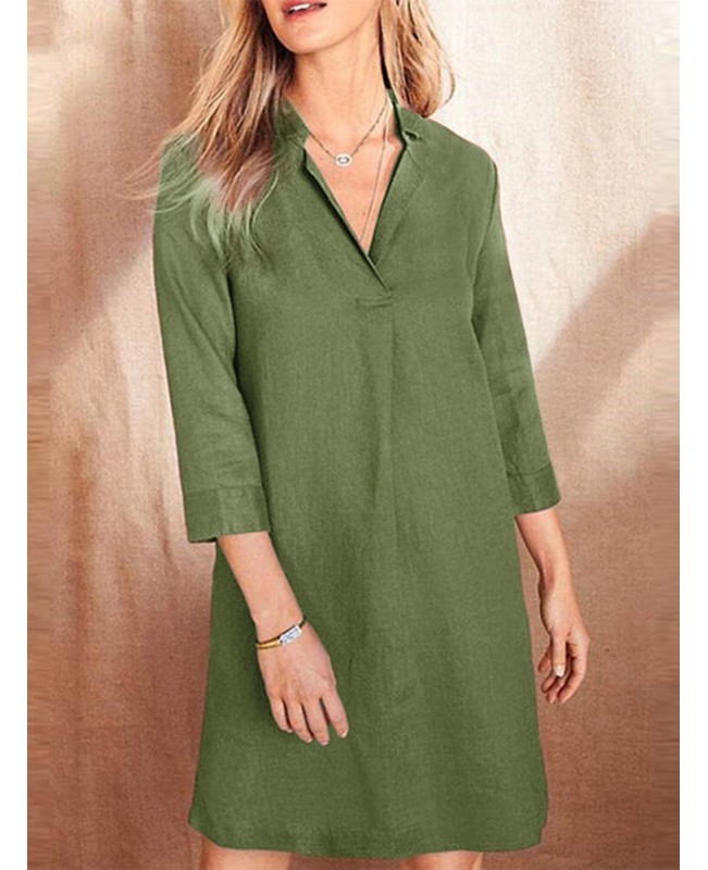 Solid Lapel 3/4 Sleeve Dress For Women - Black S