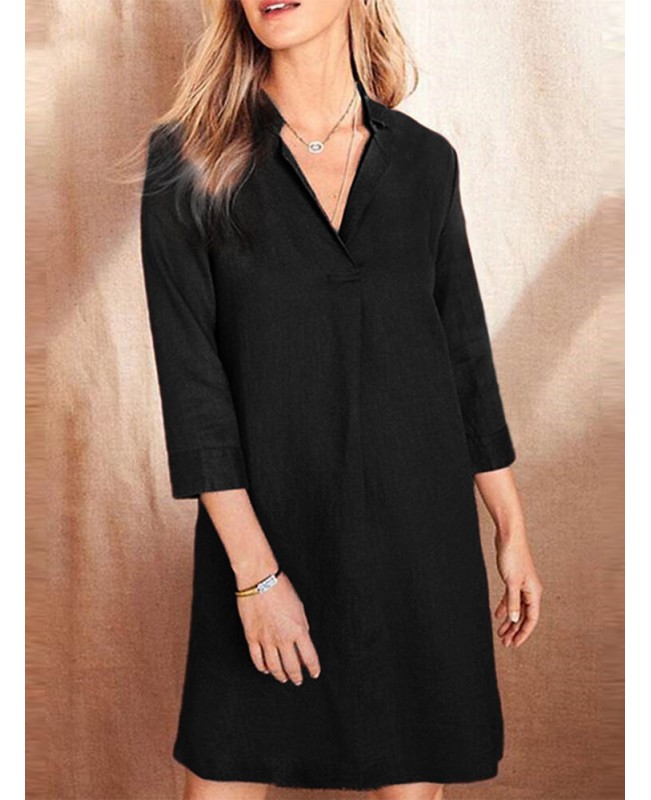 Solid Lapel 3/4 Sleeve Dress For Women - Black S