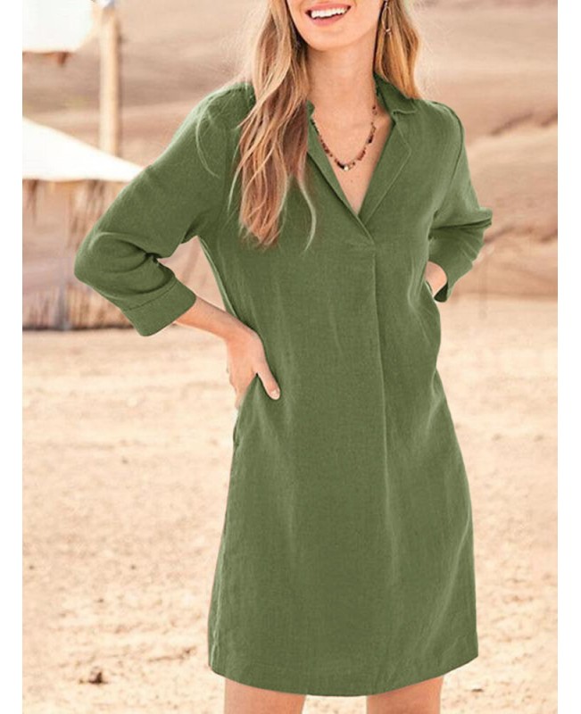 Solid Lapel 3/4 Sleeve Dress For Women - Black S