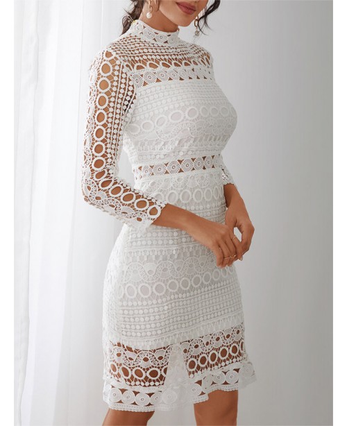 White Lace Hollow Out Design High Neck Long Sleeve...
