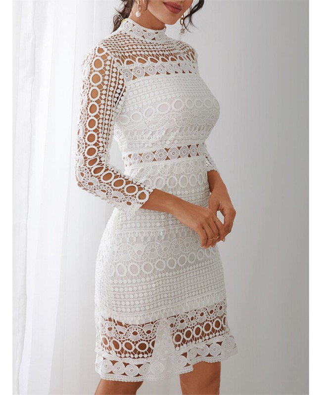White Lace Hollow Out Design High Neck Long Sleeve Elegant Dress - White S