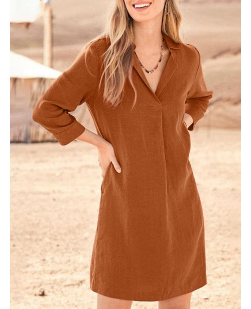 Solid Lapel 3/4 Sleeve Dress For Women - Black S
