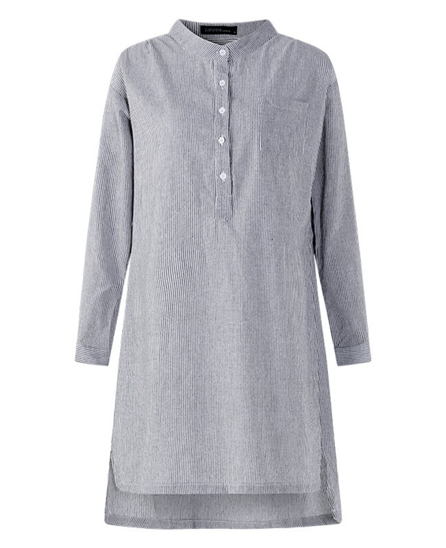 Women Vintage Striped Button Long Sleeve Shirt Mini Dress - blue 6