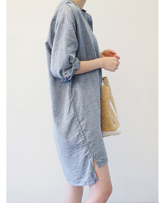 Women Vintage Striped Button Long Sleeve Shirt Mini Dress - blue 6