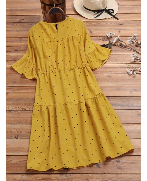 Half Sleeve Polka Dot Print Drawstring Waist Vinta...