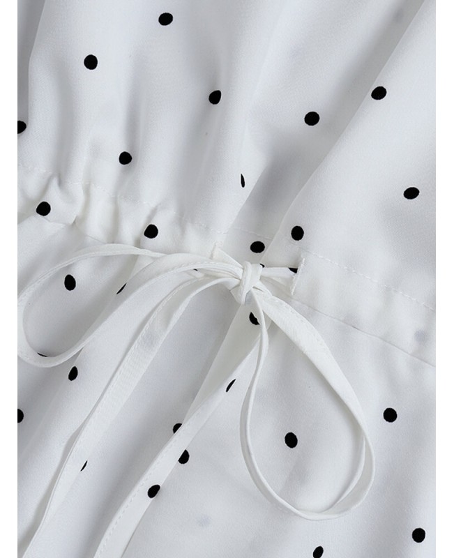 Half Sleeve Polka Dot Print Drawstring Waist Vintage Dress - Red 6