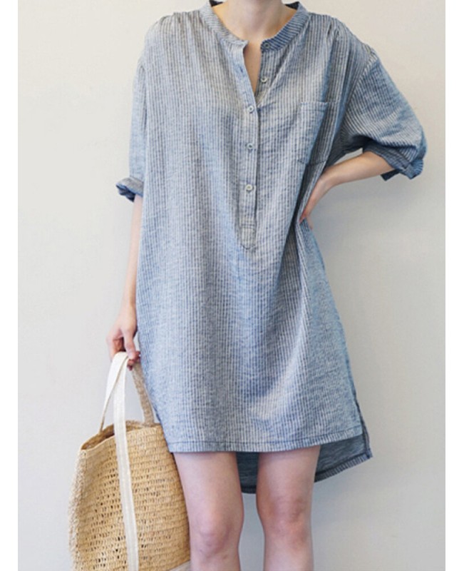 Women Vintage Striped Button Long Sleeve Shirt Mini Dress - blue 6