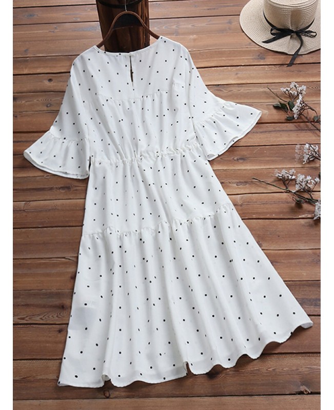 Half Sleeve Polka Dot Print Drawstring Waist Vintage Dress - Red 6