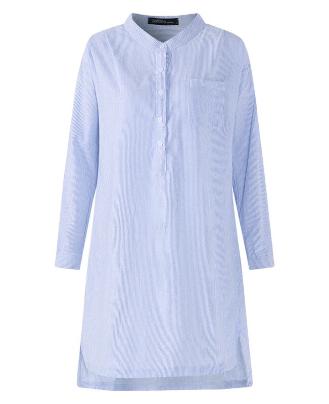 Women Vintage Striped Button Long Sleeve Shirt Mini Dress - blue 6