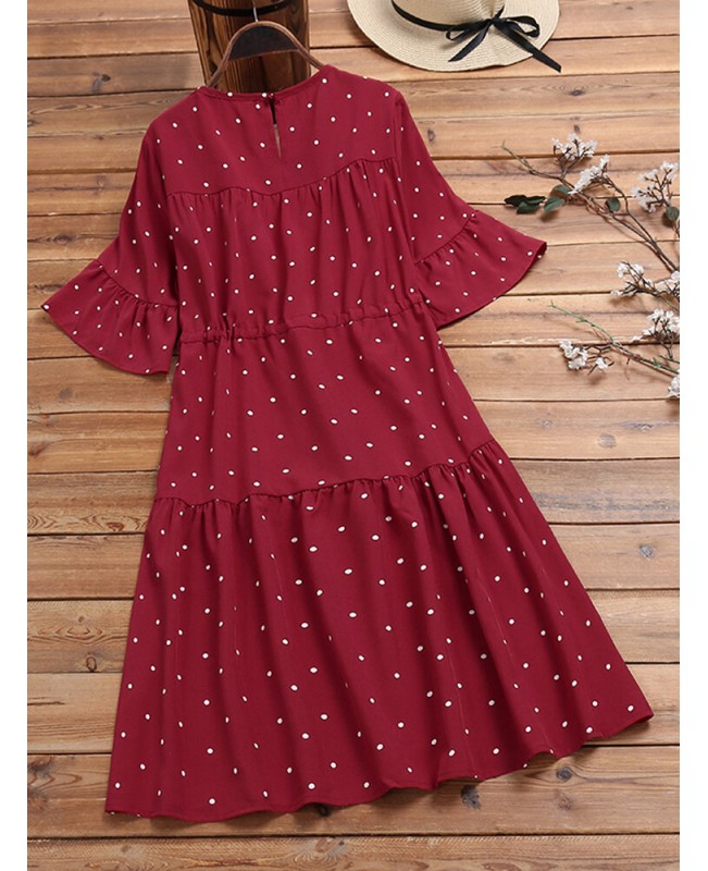Half Sleeve Polka Dot Print Drawstring Waist Vintage Dress - Red 6