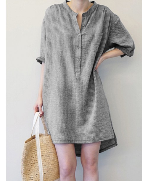 Women Vintage Striped Button Long Sleeve Shirt Min...