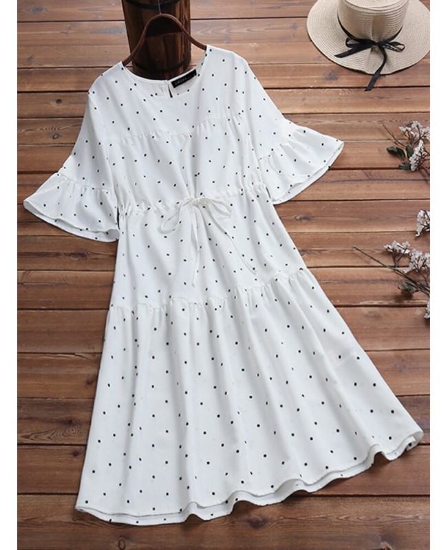 Half Sleeve Polka Dot Print Drawstring Waist Vintage Dress - Red 6