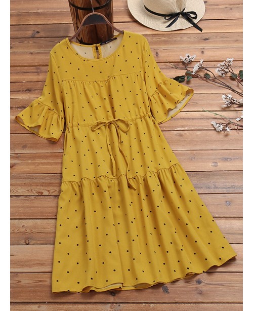 Half Sleeve Polka Dot Print Drawstring Waist Vinta...