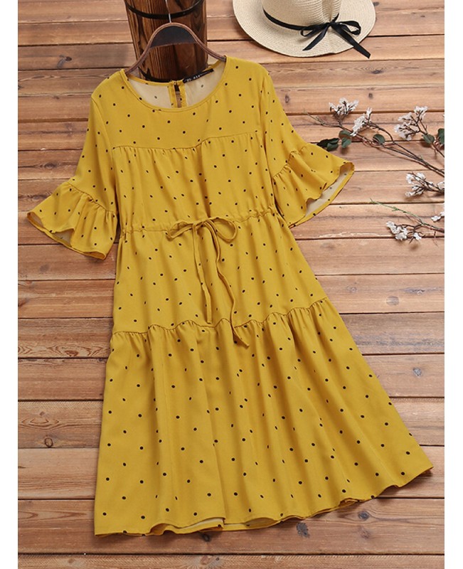 Half Sleeve Polka Dot Print Drawstring Waist Vintage Dress - Red 6