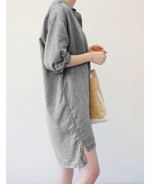 Women Vintage Striped Button Long Sleeve Shirt Min...