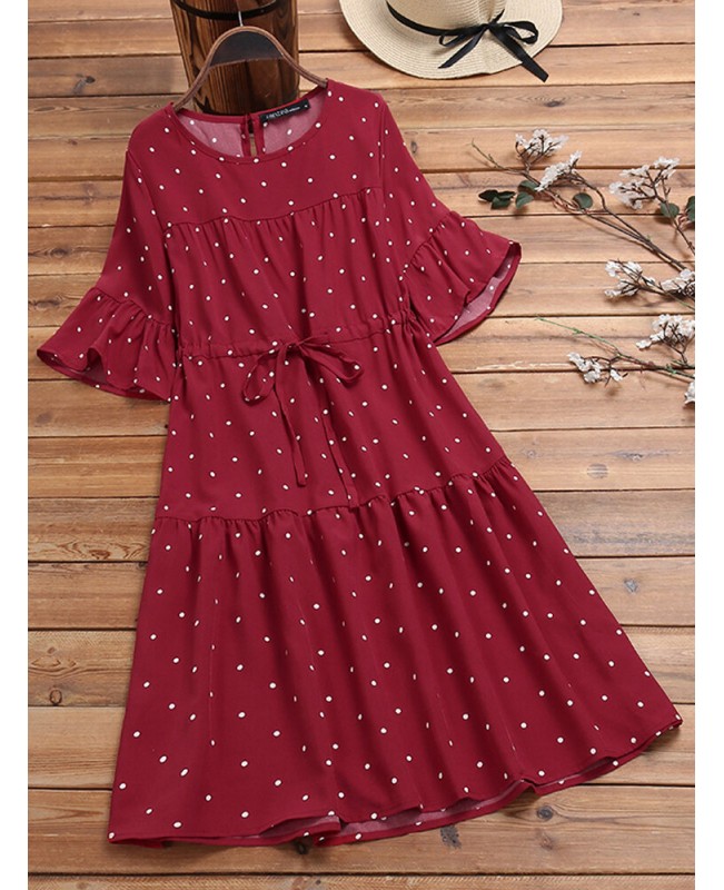 Half Sleeve Polka Dot Print Drawstring Waist Vintage Dress - Red 6