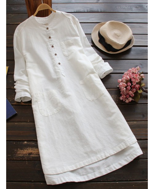Women Vintage Long Sleeve Buttons Cotton Mini Shir...