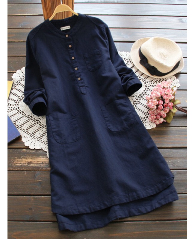 Women Vintage Long Sleeve Buttons Cotton Mini Shirt Dresses - Pink 6