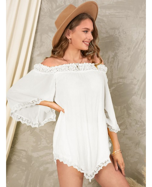 Solid Lace Patchwork Off Shoulder Mini Dress - Win...