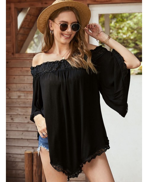 Solid Lace Patchwork Off Shoulder Mini Dress - Win...