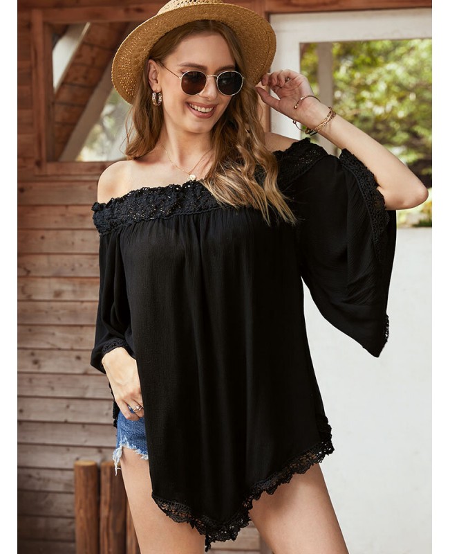 Solid Lace Patchwork Off Shoulder Mini Dress - Wine Red S