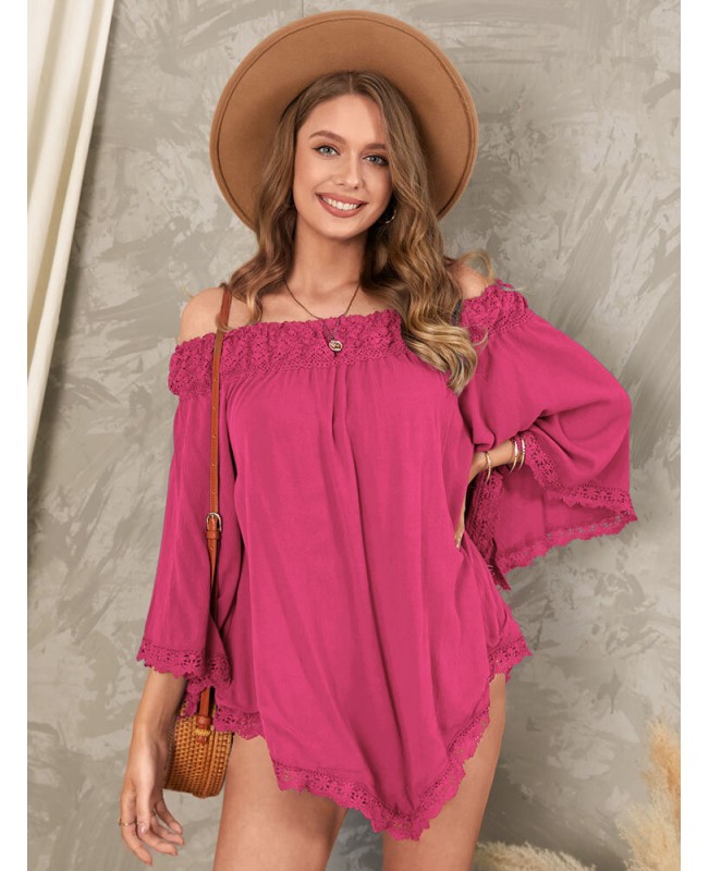 Solid Lace Patchwork Off Shoulder Mini Dress - Wine Red S