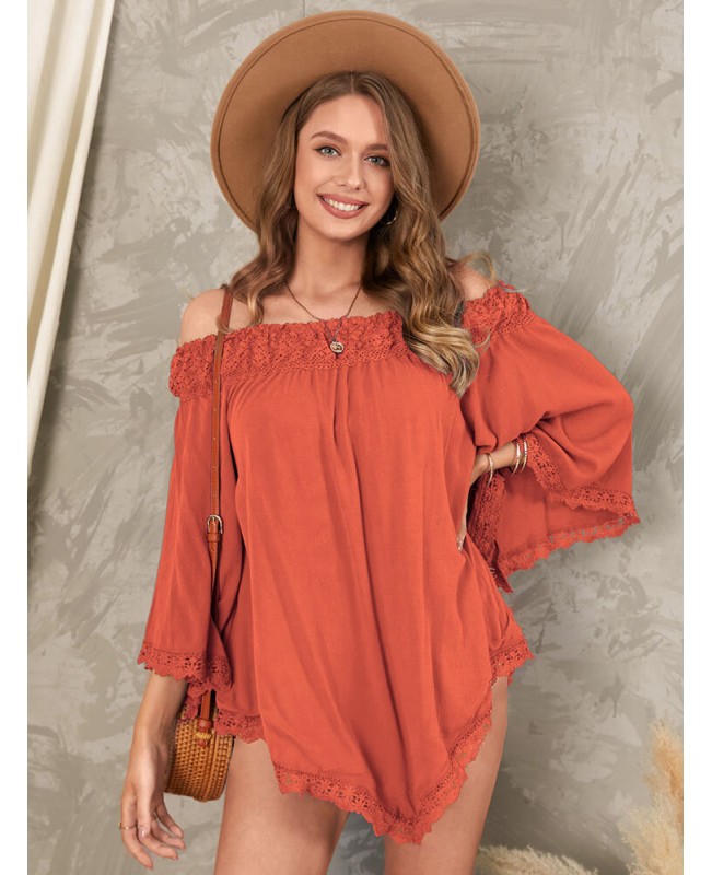 Solid Lace Patchwork Off Shoulder Mini Dress - Wine Red S