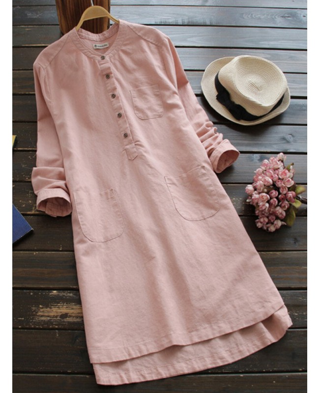 Women Vintage Long Sleeve Buttons Cotton Mini Shirt Dresses - Pink 6