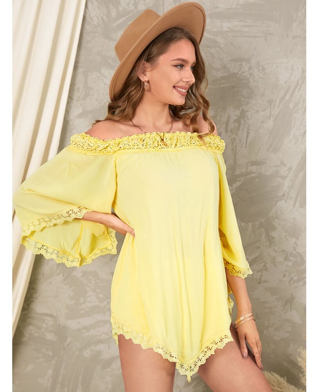 Solid Lace Patchwork Off Shoulder Mini Dress - Wine Red S