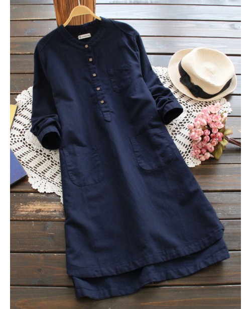Women Vintage Long Sleeve Buttons Cotton Mini Shir...