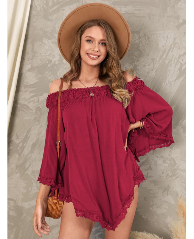 Solid Lace Patchwork Off Shoulder Mini Dress - Wine Red S