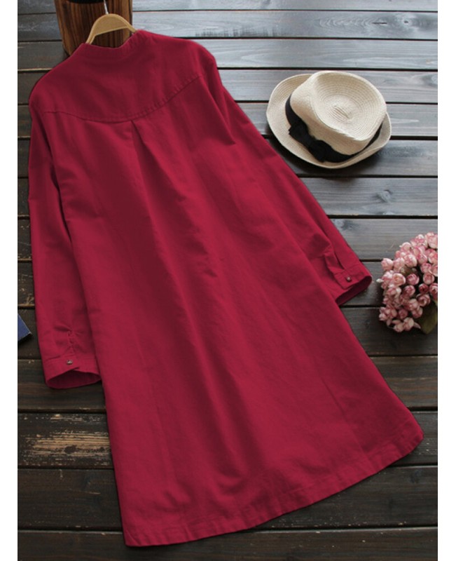 Women Vintage Long Sleeve Buttons Cotton Mini Shirt Dresses - Pink 6