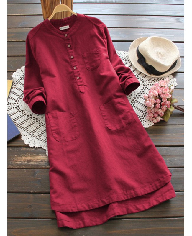 Women Vintage Long Sleeve Buttons Cotton Mini Shirt Dresses - Pink 6