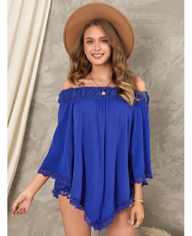 Solid Lace Patchwork Off Shoulder Mini Dress - Wine Red S