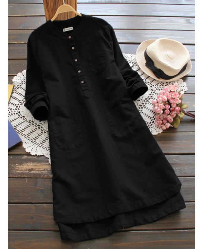 Women Vintage Long Sleeve Buttons Cotton Mini Shirt Dresses - Pink 6