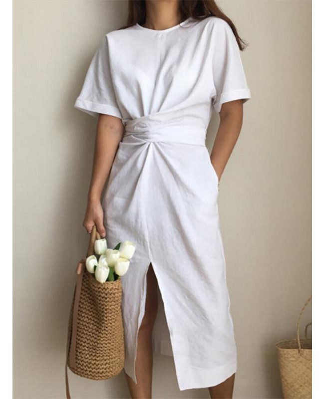 Solid Color Crew Neck Short Sleeve Front Cross Belted Split Midi Dress - White S