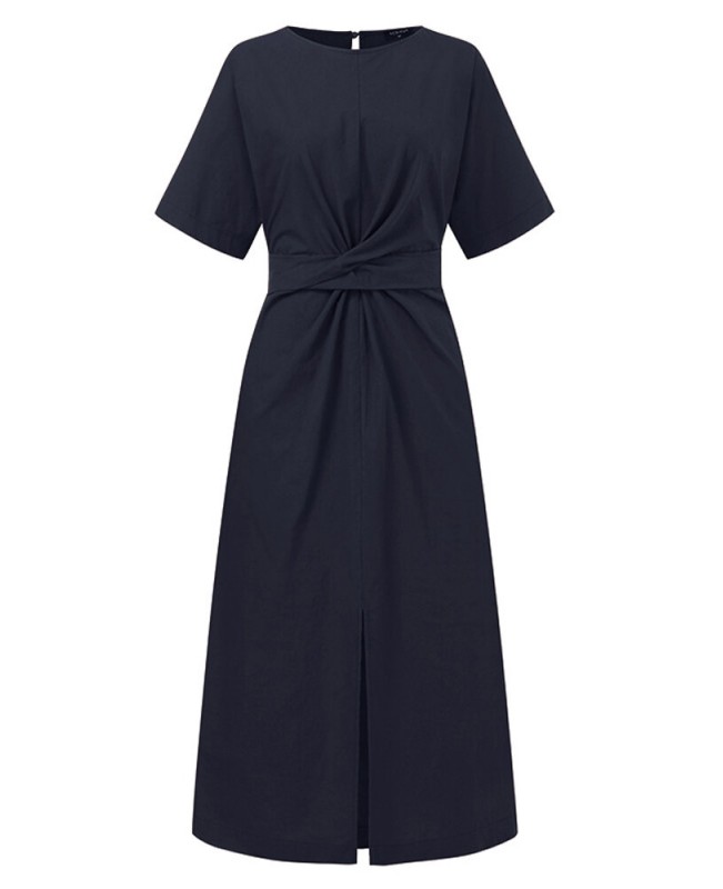 Solid Color Crew Neck Short Sleeve Front Cross Belted Split Midi Dress - White S