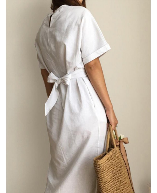 Solid Color Crew Neck Short Sleeve Front Cross Belted Split Midi Dress - White S