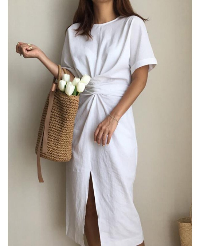 Solid Color Crew Neck Short Sleeve Front Cross Belted Split Midi Dress - White S