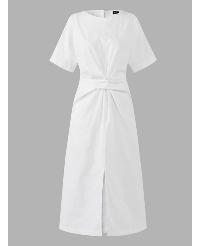 Solid Color Crew Neck Short Sleeve Front Cross Belted Split Midi Dress - White S