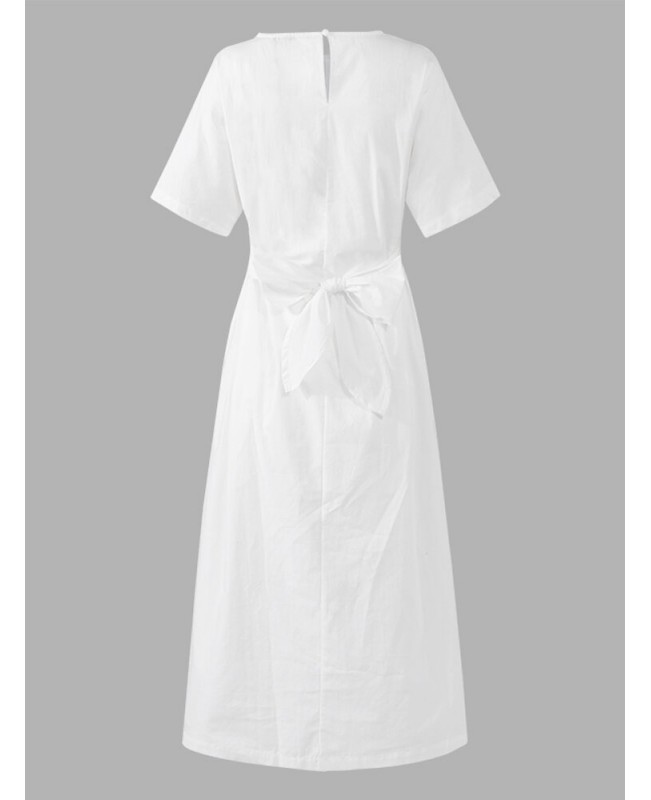 Solid Color Crew Neck Short Sleeve Front Cross Belted Split Midi Dress - White S