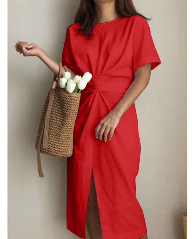 Solid Color Crew Neck Short Sleeve Front Cross Belted Split Midi Dress - White S