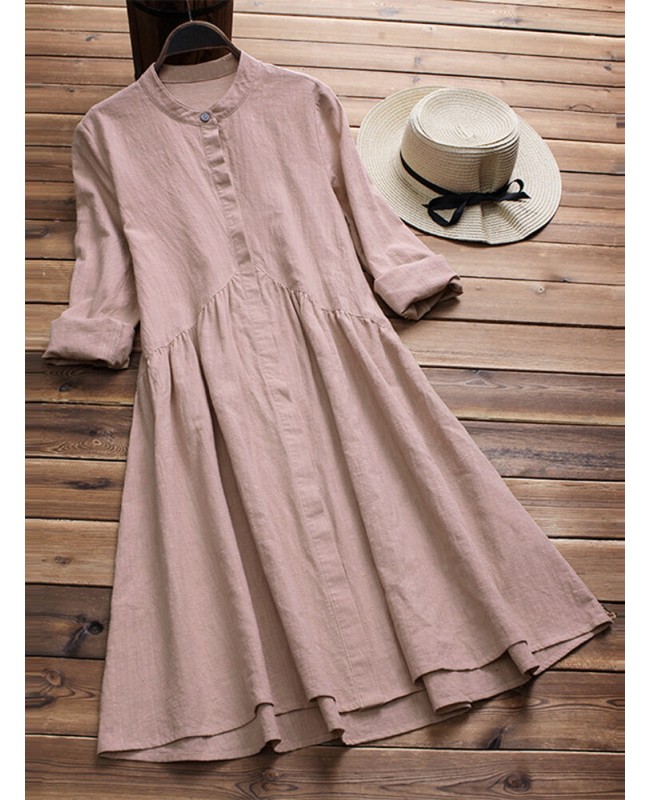 Women Vintage Tunic Retro Ethnic Midi Shirt Dress - Pink XL