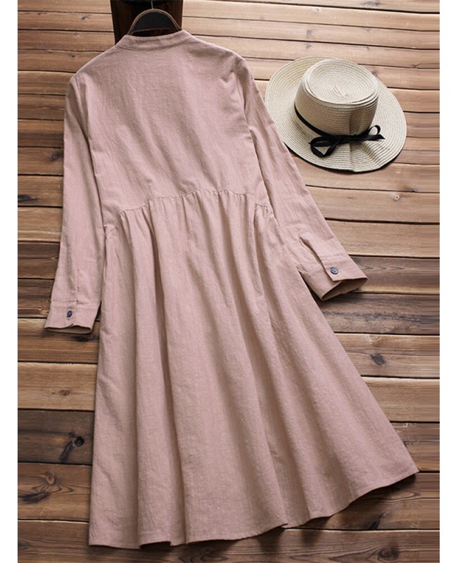 Women Vintage Tunic Retro Ethnic Midi Shirt Dress - Pink XL