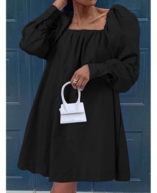Women Pure Color Square Collar Lamb Sleeves Casual Pleated Mini Dresses - Black S