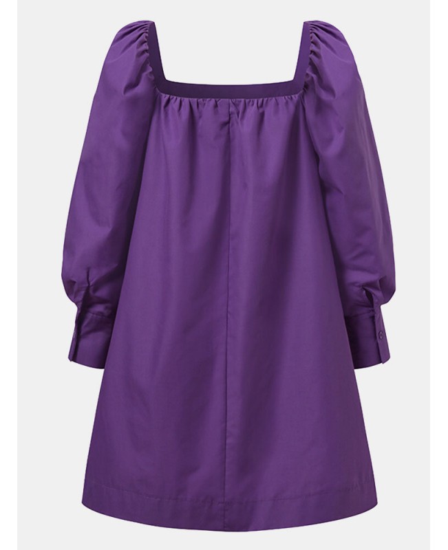 Women Pure Color Square Collar Lamb Sleeves Casual Pleated Mini Dresses - Black S