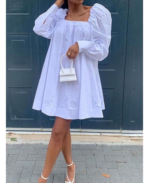 Women Pure Color Square Collar Lamb Sleeves Casual...
