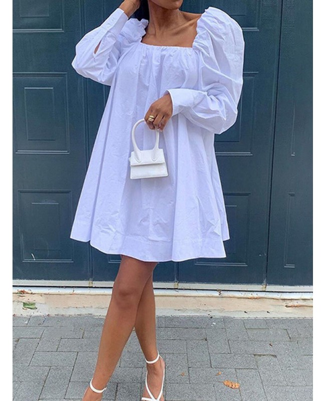 Women Pure Color Square Collar Lamb Sleeves Casual Pleated Mini Dresses - Black S